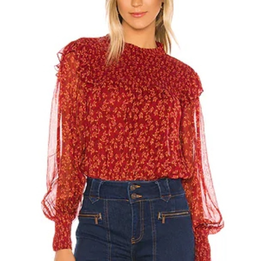 Free People Red Roma Blouse Sheer Floral Long Sleeve with Keyhole Back Small - Picture 2 of 15